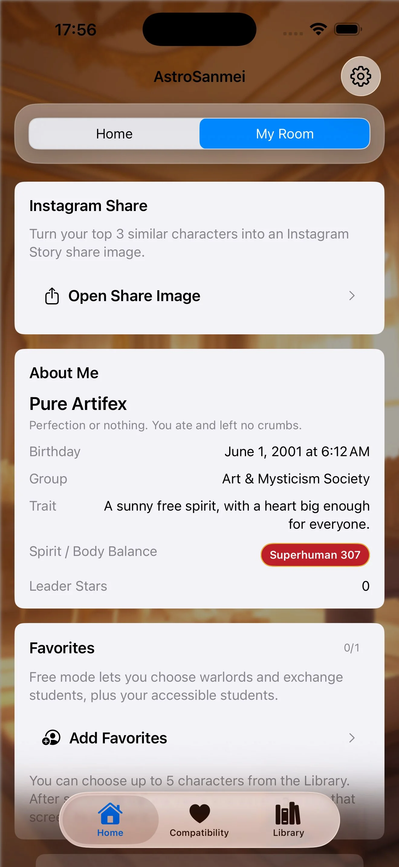 My Room showing profile and Instagram share